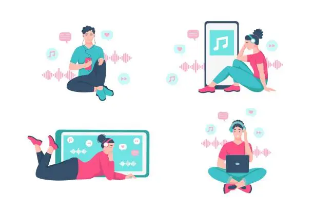 Vector illustration of A set of characters, young men and women sit and lie on the floor and listen to music with headphones. Concept podcast, music lover, online radio, audiobook, daily life. Flat vector illustration.