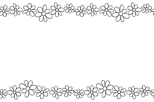 Vector hand drawn border, frame of small outline black flowers chamomiles in doodle style. Horizontal top and bottom edging, decoration for birthday, greeting card, kids theme.