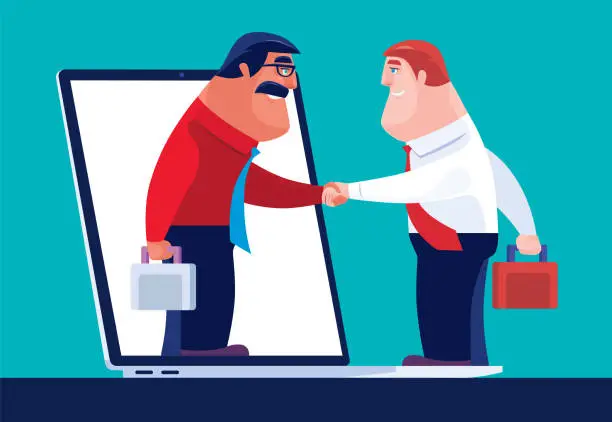 Vector illustration of two businessmen shaking hands via laptop