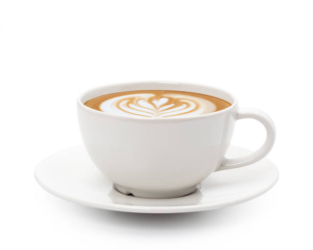 白い背景に隔離されたホットコーヒーカプチーノラテアート - cappuccino ストックフォトと画像