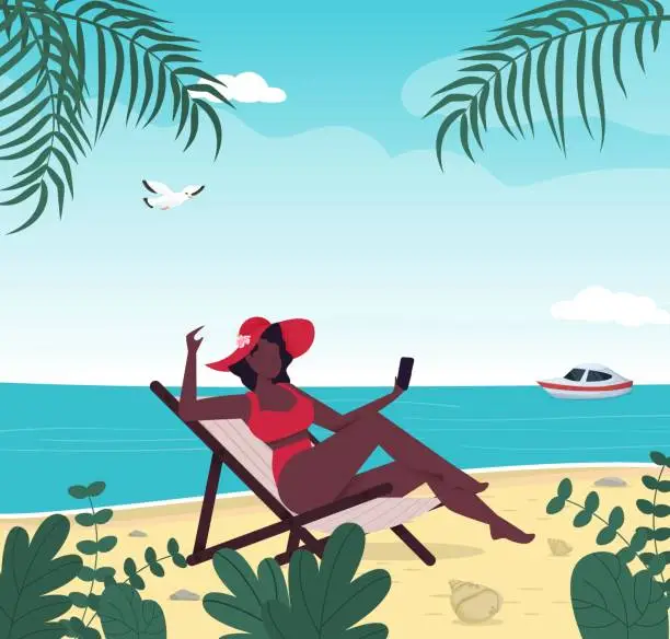 Vector illustration of Woman in swimsuit summer vacation on tropical beach.