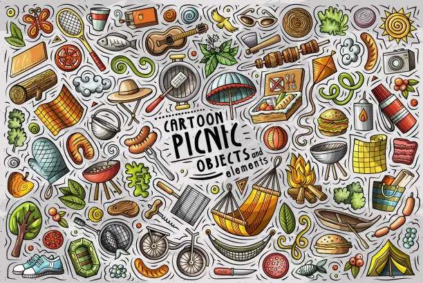Vector illustration of Cartoon set of Picnic theme items, objects and symbols
