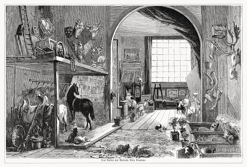 The studio of the painter Rosa Bonheur (1822 - 1899) - French artist, mostly a painter of animals but also a sculptor, in a realist style. Bonheur was widely considered to be the most famous female painter of the nineteenth century. Wood engraving, published in 1868.