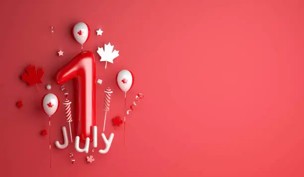 Happy Canada day 1 July decoration background with balloon firework maple leaves copy space text, 3d rendering illustration