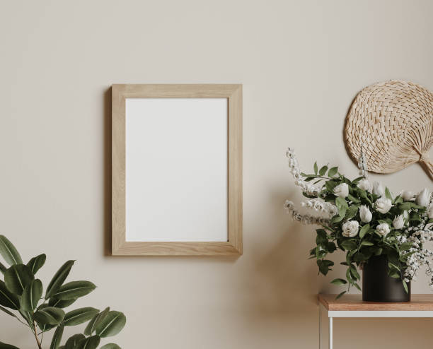 istock Mock up frame in cozy beige home interior background, Boho style 1317599947