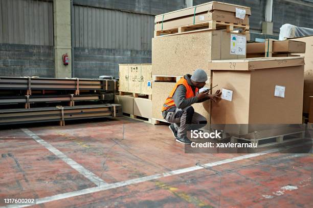 Warehouse Worker Checking Cargo Label Data