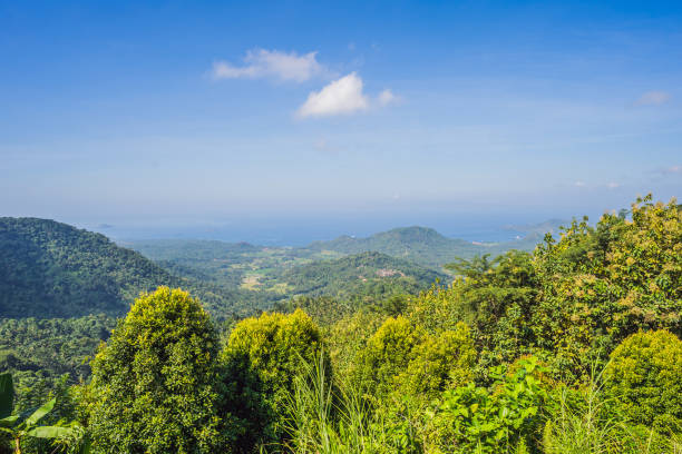 una delle principali attrazioni popolari dell'isola tropicale di bali visitata ogni giorno da centinaia di turisti da tutto il mondo per una splendida vista panoramica dall'alto, due laghi batur e il vulcano batur indonesia - crateri foto e immagini stock