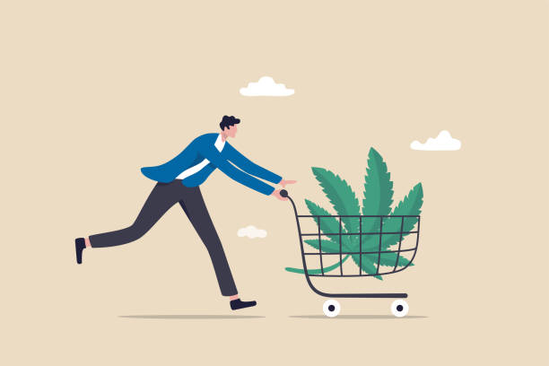 ilustrações de stock, clip art, desenhos animados e ícones de purchasing cannabis cbd or buying marijuana for medical concept, happy patient man pushing shopping cart with cannabis leaf. - can�ábis narcótico