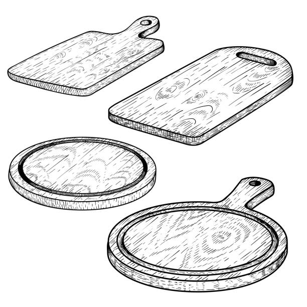 illustrazioni stock, clip art, cartoni animati e icone di tendenza di set di tagliere a mano in legno. utensili da cucina in stile schizzo. rotondo e rettangolare, con manico. illustrazioni vettoriali collezione vintage. - camera engraving old retro revival