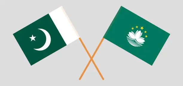 Vector illustration of Crossed flags of Pakistan and Macau. Official colors. Correct proportion