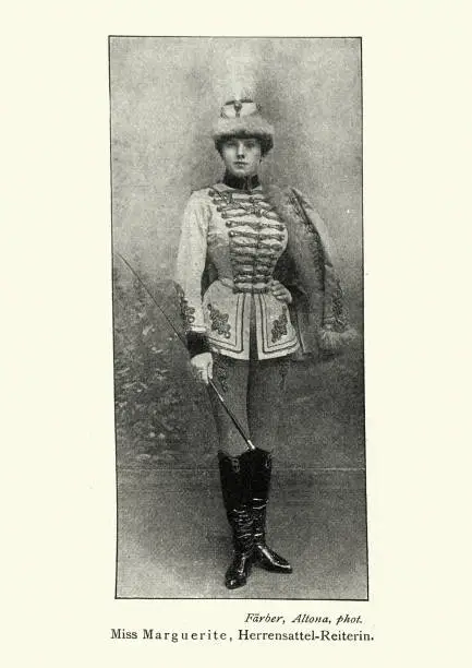 Vintage photograph of Young woman dressed in military uniform of a hussar, Fashion, Victorian 19th Century