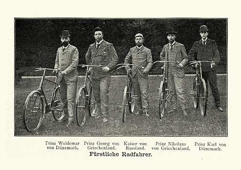 Vintage photograph of Princely cyclists , Greek and Danish Princes, Tsar of Russia, 19th Century
