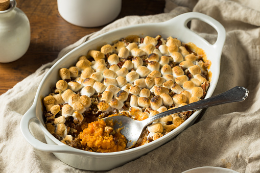 Homemade Sweet Potato Casserole with Pecans and Marshmallows