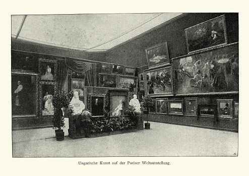 Vintage photograph of Hungarian art at the Paris World Exhibition gallery, Victorian 19th Century