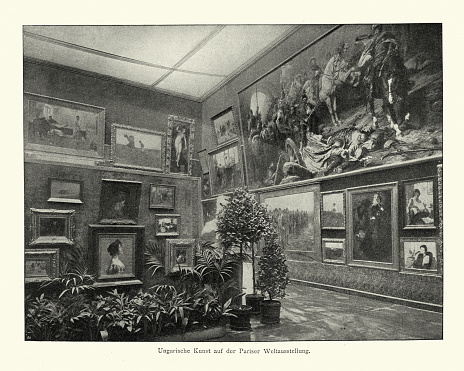 Vintage photograph of Hungarian art at the Paris World Exhibition gallery, Victorian 19th Century