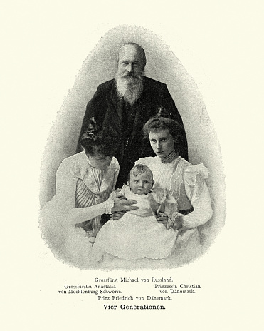 Vintage photograph of Four generations. Grand Prince Michael of Russia, Grnad Princess Anastasia of Mecklenburg-Schwerin, Princess Christian of Denmark, Prince Friedrich of Denmark, 19th Century