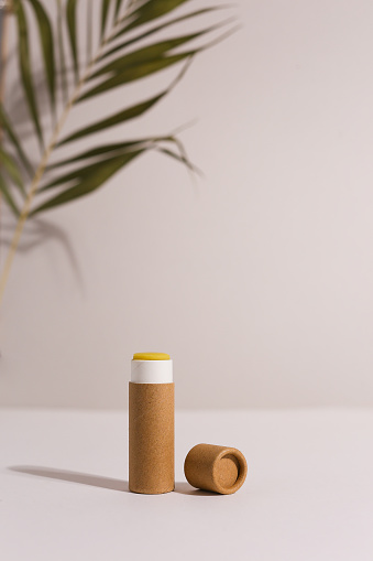 Zero Waste Lipstick packaging. Lip balm tube made of paper. Blank label mock up. Copy space for text, modern concept