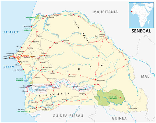 illustrazioni stock, clip art, cartoni animati e icone di tendenza di road map vettoriale dello stato del senegal nell'africa occidentale - dakar region