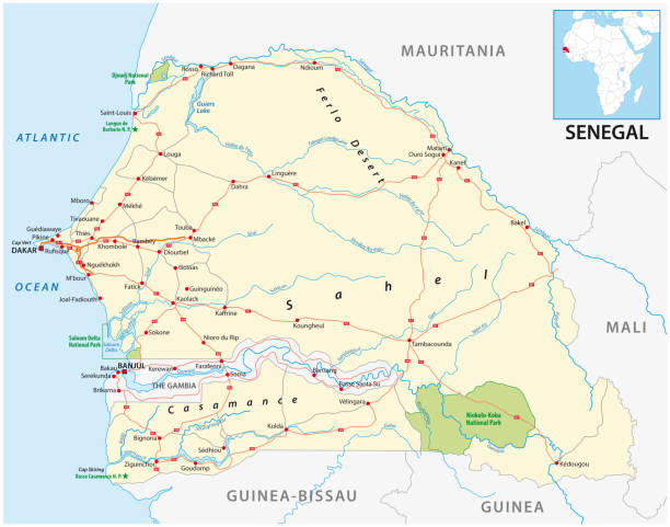 wektorowa mapa drogowa zachodnioafrykańskiego państwa senegal - senegal stock illustrations
