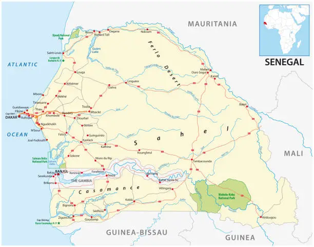 Vector illustration of vector road map of the West African state of Senegal