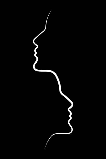 Portrait of two girls drawn in one continuous line Portrait of two girls drawn in one continuous line. Decor for poster on wall. Two duplicated face contours abstract silhouettes stock illustrations