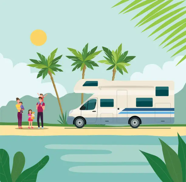 Vector illustration of Motorhome with a vacationing family. Vector flat style illustration