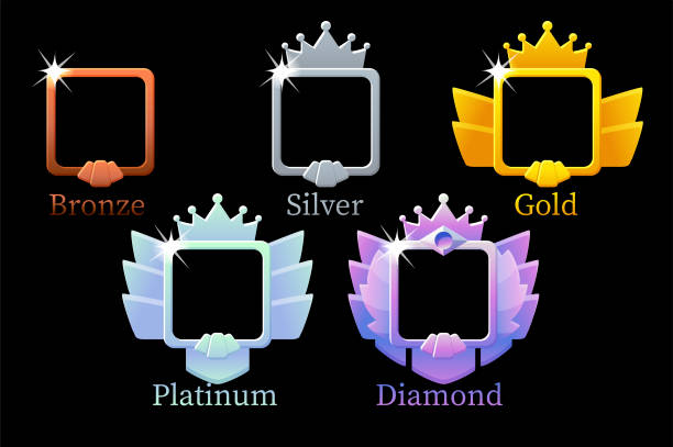 ilustrações, clipart, desenhos animados e ícones de square frames game rank, ouro, prata, platina, bronze, modelo de avatar de diamante 6 passos animação para o jogo. - wing insignia metal silver