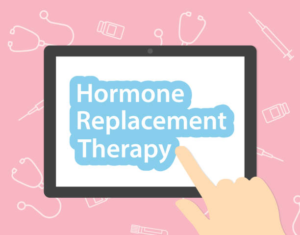ilustraciones, imágenes clip art, dibujos animados e iconos de stock de concepto de terapia de reemplazo hormonal, búsqueda en línea o consulta médica - hormone therapy hrt pill medicine