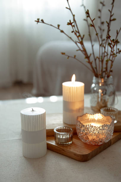 istock Home still life with burning candles as home decor details. 1317618885