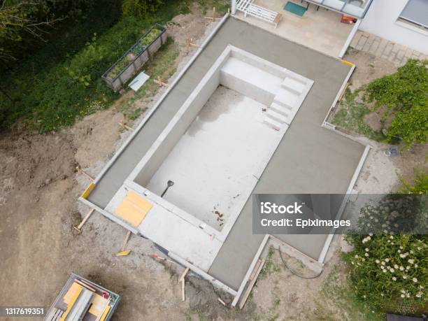 Aerial Drone Flight Pic Of Swimming Pool Construction Site From Above Stock Photo - Download Image Now