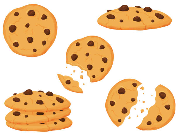 illustrazioni stock, clip art, cartoni animati e icone di tendenza di illustrazione vettoriale di biscotti dolci con pezzi di cioccolato. illustrazione per il sito, il menu e altre cose. - biscuit