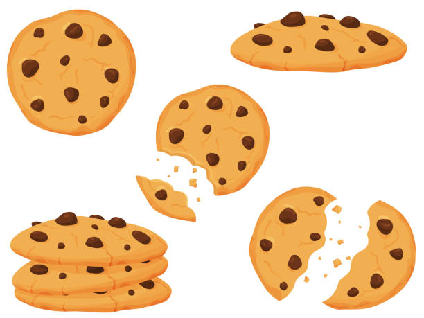 ilustrações, clipart, desenhos animados e ícones de ilustração vetorial de biscoitos doces com pedaços de chocolate. ilustração para o site, menu e outras coisas. - baking food cookie breakfast