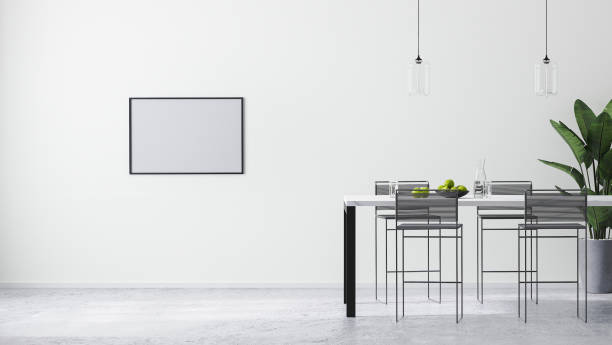 istock horizontal frame mock up in modern bright white room interior with contemporary bar table and bar stools, , scandinavian minimalistic style, 3d rendering 1317620672