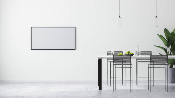 istock horizontal frame mock up in modern bright white room interior with contemporary bar table and bar stools, , scandinavian minimalistic style, 3d rendering 1317620685