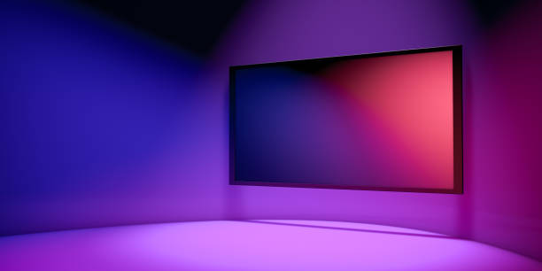 close up empty colorful tv on  neon color background. - purple pattern abstract backdrop imagens e fotografias de stock