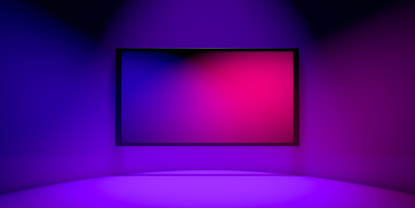 3D rendering, Close up empty colorful TV projector, neon pink and purple colors, blank empty space for your copy or design, abstract room design background.