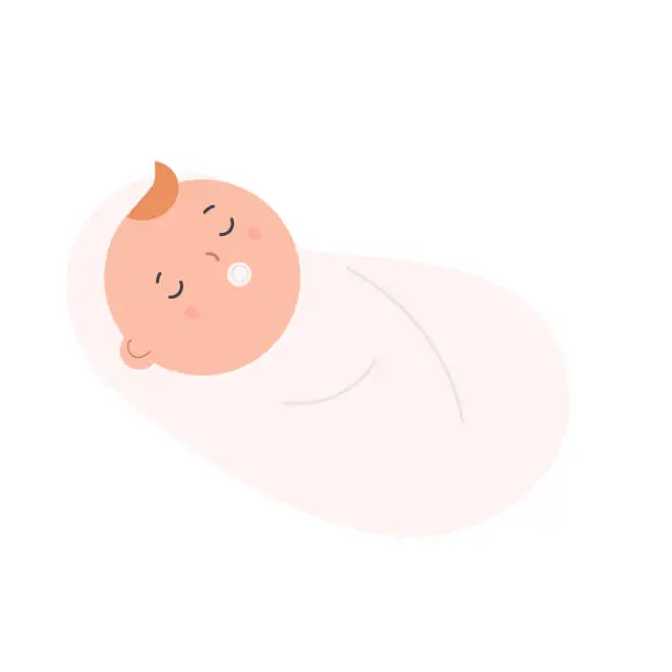 Vector illustration of Sleeping newborn baby. Child in swaddling clothes. Little kid. Dreaming toddler