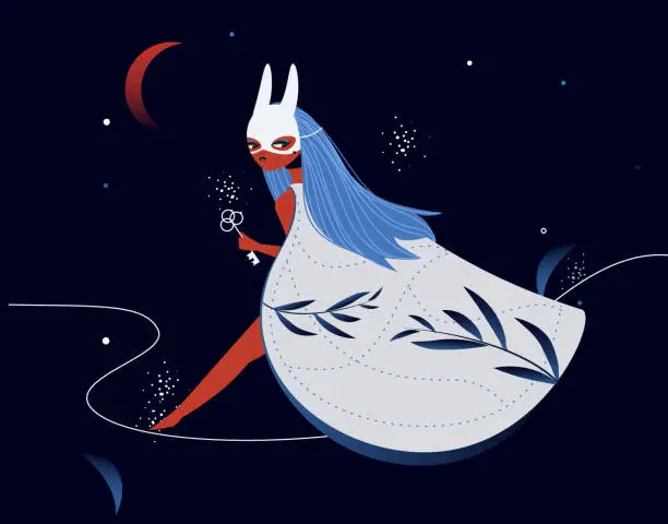 Vector illustration of Beautiful fairy girl in rabbit mask walk through starry night. Mystic illistration