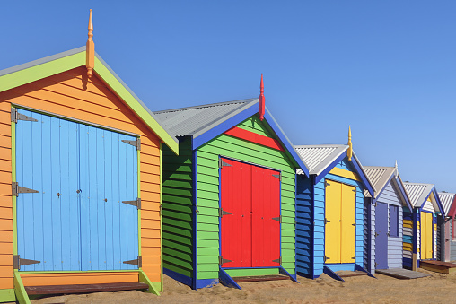 Historic and famous highly colourful beach hut of Hove and Brighton in United Kingdom.