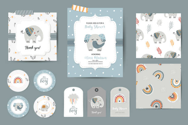 Set of Baby shower invitations, thanks cards, tags and seamless patterns Set of Baby shower invitations, thanks cards, tags and seamless patterns. Templates with cute elephants for baby boys baby shower card stock illustrations