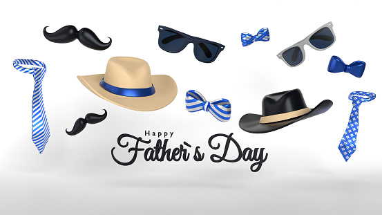 Happy Father's Day greeting card, banner, poster or flyer design with flying sunglasses, bow ties, neckties, hats and mustache on white background. Father’s day sale concept. Easy to crop for all your social media and print sizes.