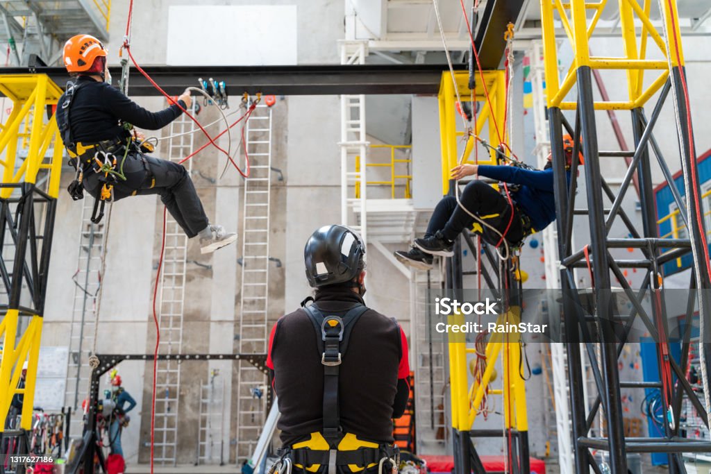 Working at height training center Scaffolding Stock Photo