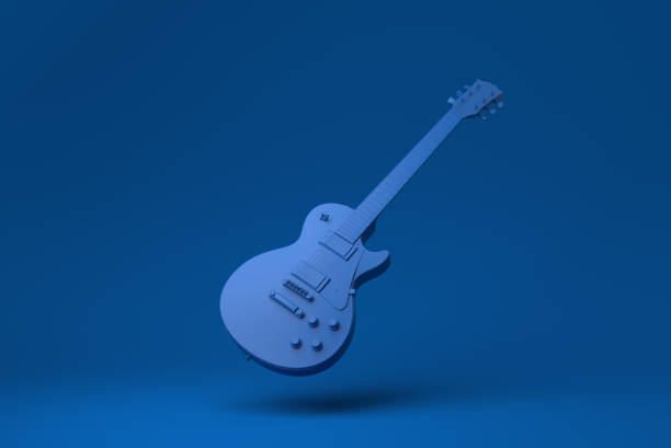 guitarra blue electric flutuando em fundo azul. ideia de conceito mínimo criativo. monocromático. renderização 3d. - 3d object - fotografias e filmes do acervo