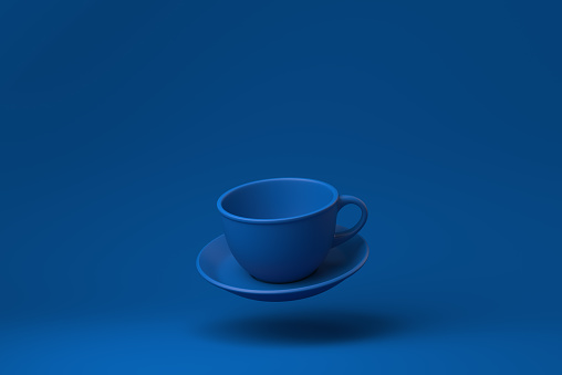 Blue Coffee cup floating in blue background. minimal concept idea creative. monochrome. 3D render.