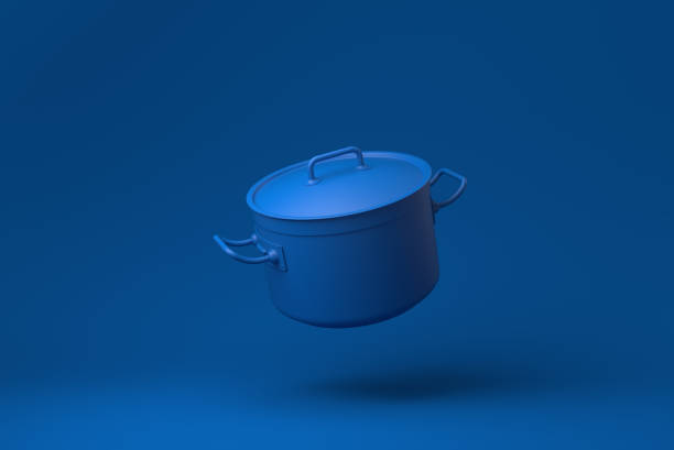 istock Blue Stainless steel pot floating in blue background. minimal concept idea creative. monochrome. 3D render. 1317627913
