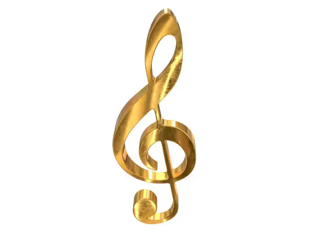 3D render of gold music clef symbol isolated on white background