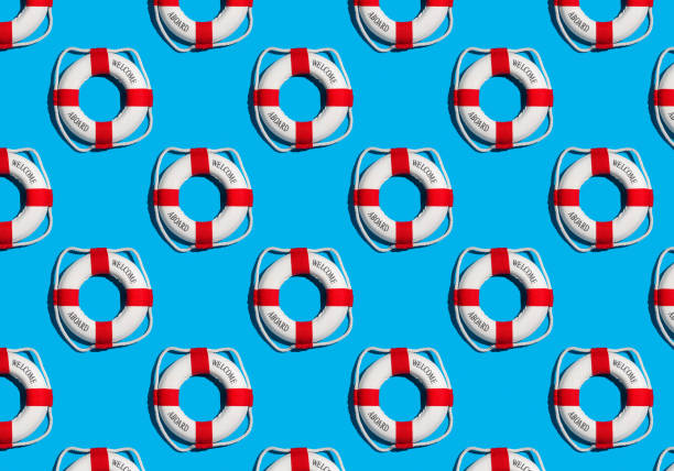 Travel or vacation concept pattern. Lifebuoy welcome aboard on blue background abstract pattern.