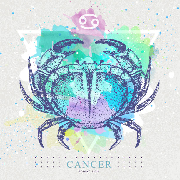 Modern magic witchcraft card with astrology Cancer zodiac sign on artistic watercolor background. Realistic hand drawing crab illustration.