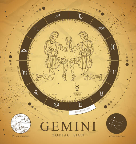 istock Vintage magic witchcraft card with astrology Gemini zodiac sign. Polygonal men figure illustration. Zodiac characteristic 1317631922