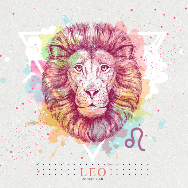 istock Modern magic witchcraft card with astrology Leo zodiac sign on artistic watercolor background. Realistic hand drawing lion head 1317632010